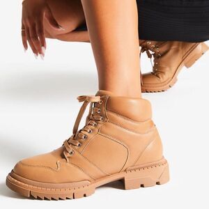 New! Shoedazzle Faux Leather Lug Sole Tan Lace Up Hiking Biker Sneaker Boots